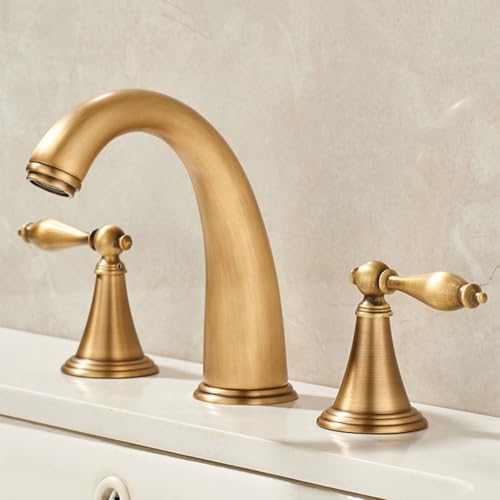 FQYEP 3 Loch Armatur Waschbecken Retro Doppelgriff Antik Wasserhahn Bad Messing Heißes und Kaltes Wasser,Antik von FQYEP