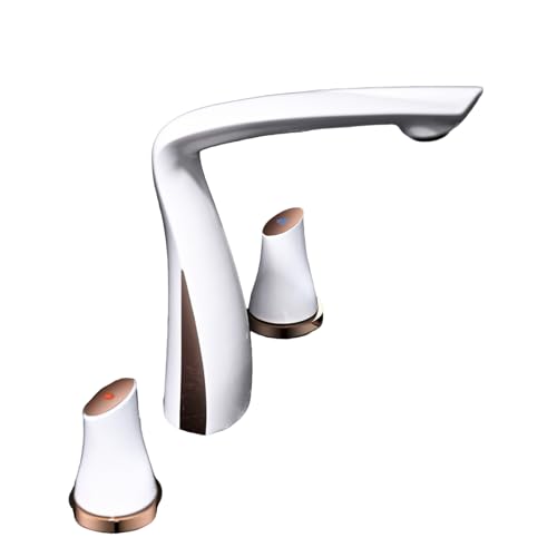 FQYEP 3 Loch Armatur Waschbecken Zweigriffarmatur Wasserhahn Bad Messing Waschbeckenarmatur,Weiß + Roségold von FQYEP