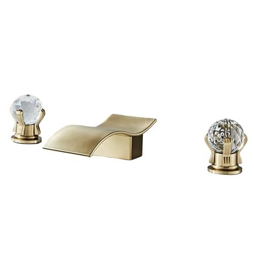 FQYEP 3 Loch Armatur Waschtisch Badezimmer Wasserhahn Wasserfall Doppelgriff Heißes und Kaltes Wasser,Gold Gebürstet von FQYEP