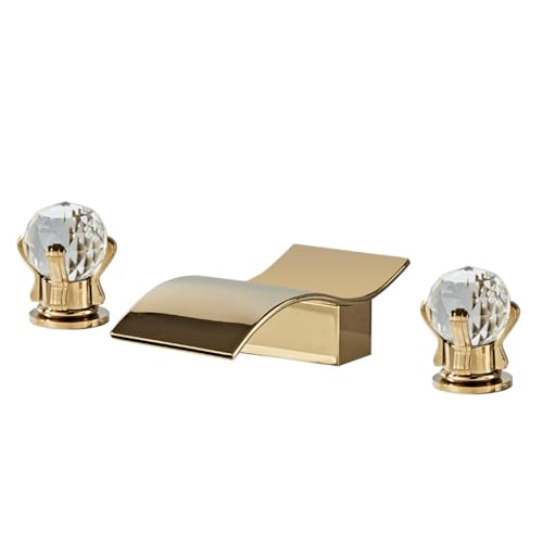 FQYEP 3 Loch Armatur Waschtisch Badezimmer Wasserhahn Wasserfall Doppelgriff Heißes und Kaltes Wasser,Gold von FQYEP