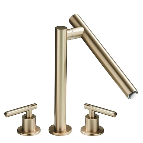 FQYEP 3 Loch Armatur Waschtisch Doppelgriff Wasserhahn Badezimmer 360° Drehbar Spüle Armatur Messing,Gold Gebürstet von FQYEP