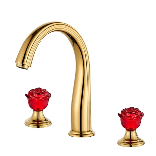 FQYEP 3 Loch Waschtischarmatur Gold Wasserhahn Badezimmer Waschbecken Doppelgriff Messing,Rot von FQYEP
