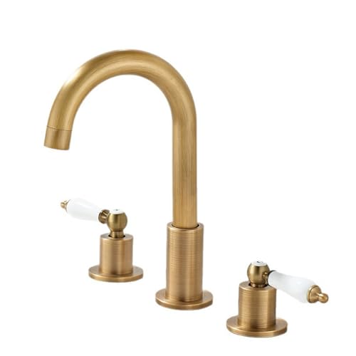 FQYEP 3 Loch Waschtischarmatur Vintage Doppelgriff Antik Wasserhahn Bad 360° Drehbar Messing,Big Bend von FQYEP