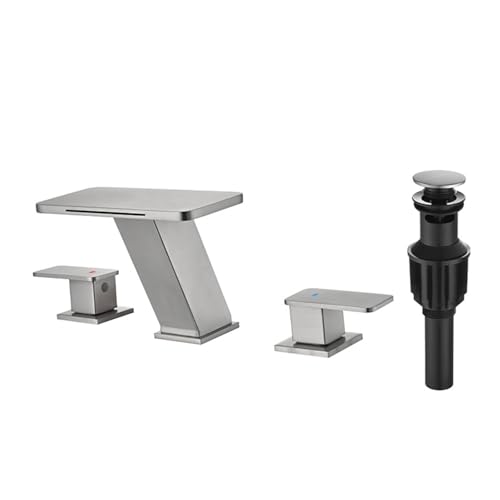 FQYEP Bad Wasserhahn Wasserfall 3 Loch Armatur Waschtisch mit Pop-Up-Abfluss Doppelgriff Messing,Gebürstet von FQYEP