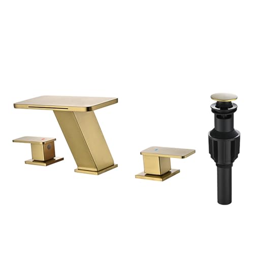FQYEP Bad Wasserhahn Wasserfall 3 Loch Armatur Waschtisch mit Pop-Up-Abfluss Doppelgriff Messing,Gold Gebürstet von FQYEP