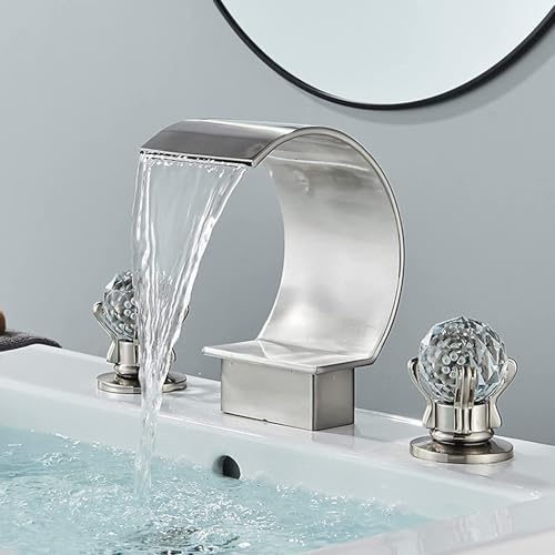 FQYEP Badarmatur Waschbecken Wasserfall Waschtischarmatur 3 Loch Zweigriffarmatur Messing,Gebürstet von FQYEP