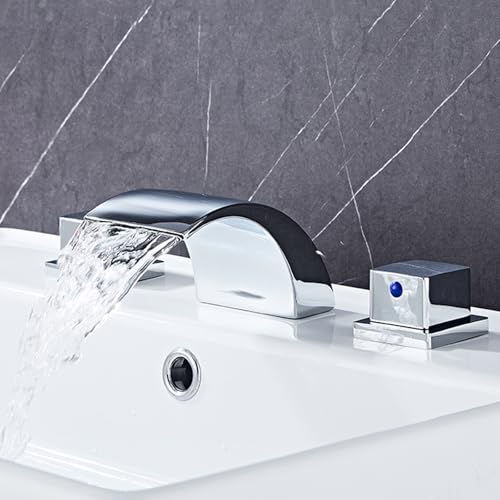FQYEP Badezimmer Wasserhahn Wasserfall 3 Loch Armatur Waschbecken Zweigriffarmatur Messing,Verchromt von FQYEP