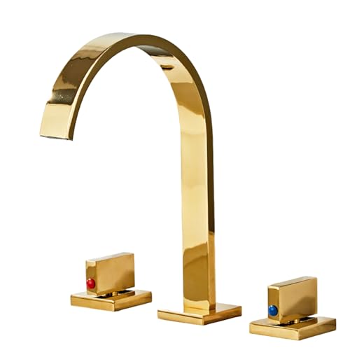 FQYEP Badezimmer Wasserhahn Wasserfall Waschtischarmatur 3 Loch Zweigriffarmatur Bad 360° Drehbarer,Gold von FQYEP