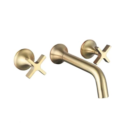 FQYEP Wandarmatur Waschbecken Bad 3 Loch Wasserhahn Bad Vintage 360° Drehbar Doppelgriff,Gold Gebürstet von FQYEP
