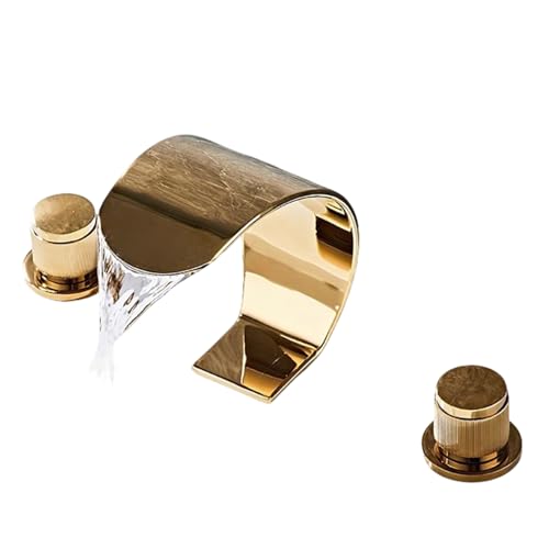 FQYEP Waschtischarmatur 3 Loch Wasserhahn Bad Wasserfall Messing Wasserhahn Badezimmer Doppelgriff,Gold von FQYEP