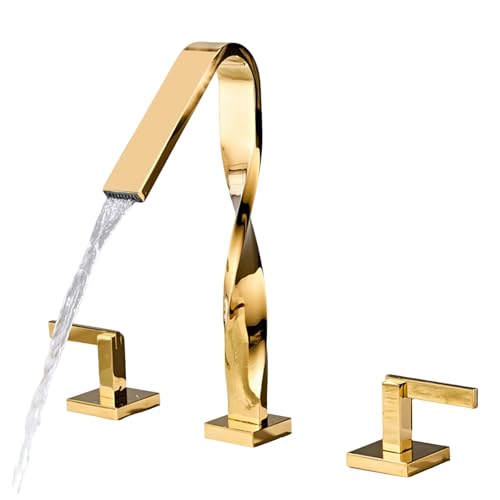 FQYEP Waschtischarmatur Wasserfall Hoch 3 Loch Armatur Waschtisch Wasserhahn Bad Doppelgriff Messing,Gold von FQYEP