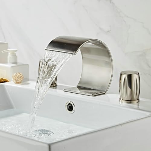 FQYEP Waschtischarmaturen Wasserfall Zweigriffarmatur 3 Loch Armatur Waschbecken Messing,Gebürstet von FQYEP