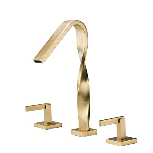 FQYEP Wasserhahn Bad 3 Loch Doppelgriff Mischbatterie Waschbecken Messing Heißes und Kaltes Wasser,Gold Gebürstet von FQYEP