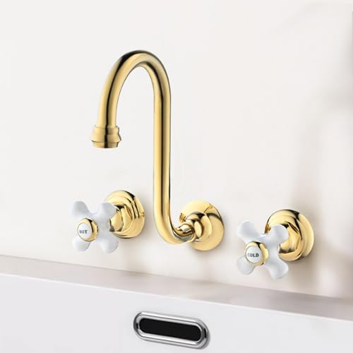FQYEP Wasserhahn Wandmontage Zweigriffarmatur 3 Loch Badezimmer Wasserhahn Retro Messing,Golden B von FQYEP