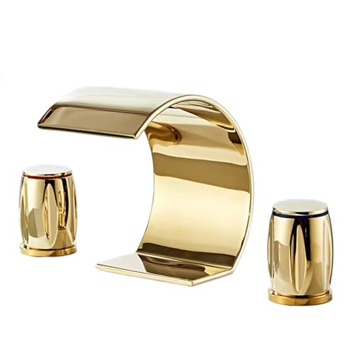 FQYEP Wasserhahn Wasserfall Gold Badarmatur Waschbecken 3 Loch Armatur Waschtisch Doppelgriff,Modell A von FQYEP