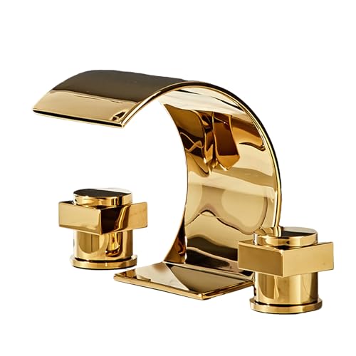 FQYEP Wasserhahn Wasserfall Gold Badarmatur Waschbecken 3 Loch Armatur Waschtisch Doppelgriff,Modell B von FQYEP