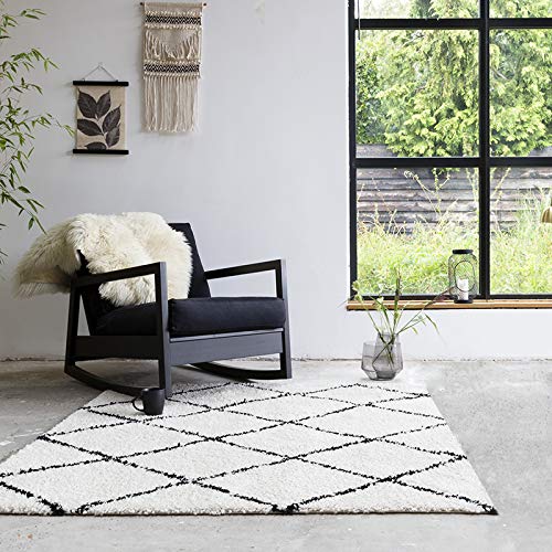 FRAAI | Home & Living Teppich Hochflor Quadrat - Grand Lines Creme Schwarz 100x100cm - Kariert, Gestreift, Shaggy - Industrielle, Ländlich, Modern - Wohnzimmer, Esszimmer, Schlafzimmer - Fellteppich - von FRAAI | Home & Living