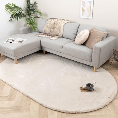 FRAAI | Home & Living Hochflor Teppich Oval - Comfy Supreme Creme 152x245cm - Einfarbig - Industrielle, Ländlich, Modern, Skandinavisch - Wohnzimmer, Schlafzimmer - Fellteppich - Carpet von FRAAI | Home & Living