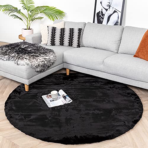 FRAAI | Home & Living Hochflor Teppich Rund - Comfy Schwarz - Ø 120cm - Shaggy, Einfarbig - Modern, Skandinavisch - Wohnzimmer, Esszimmer, Schlafzimmer - Fellteppich - Carpet von FRAAI | Home & Living