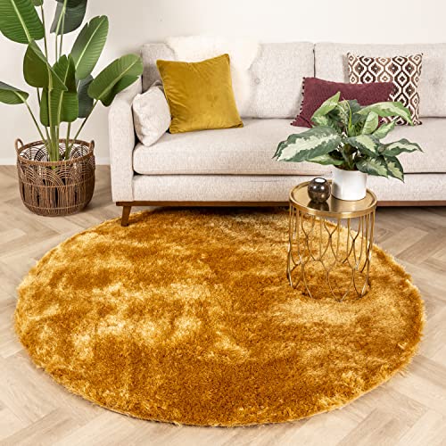 FRAAI | Home & Living Hochflor Teppich Rund - Glorious Gold Gelb Ø 120cm - Shaggy, Einfarbig - Industrielle, Modern, Skandinavisch - Wohnzimmer, Esszimmer, Schlafzimmer - Fellteppich - Carpet von FRAAI | Home & Living