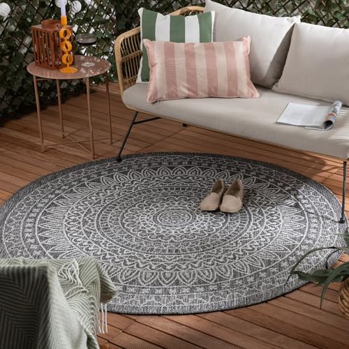 FRAAI | Home & Living In- & Outdoor Teppich Rund - Summer Azteca Grau - Wetterfest - Polypropylen - Flachgewebe - Balkon, Garten/Terrasse - Terrasse - Rug von FRAAI | Home & Living