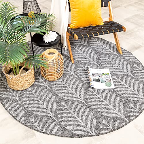 FRAAI | Home & Living In- & Outdoor Teppich Rund - Summer Leaves Grau Ø 160cm - Wetterfest - Synthetik, Polypropylen - Flachgewebe - Wohnzimmer, Esszimmer, Balkon, Garten, Flur - Terrasse - Carpet von FRAAI | Home & Living