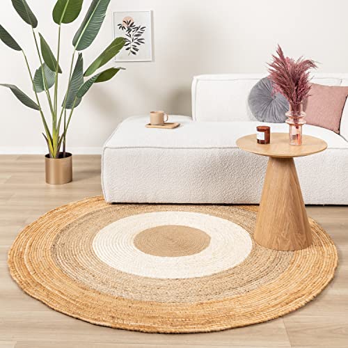 FRAAI | Home & Living Jute Teppich Rund - Mirai Border Weiss Natur Ø 120cm - Jute - Flachgewebe - Sonstige - Boho, Klassik, Industrielle, Ländlich, Modern - Wohnzimmer, Esszimmer, Kinderzimmer, von FRAAI | Home & Living