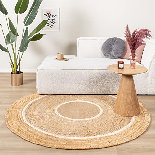 FRAAI | Home & Living Jute Teppich Rund - Mirai Circle Weiss Natur Ø 120cm - Jute - Flachgewebe - Sonstige - Boho, Klassik, Industrielle, Ländlich, Modern, Skandinavisch - Wohnzimmer, Esszimmer, von FRAAI | Home & Living