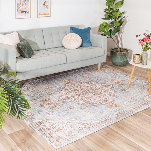 FRAAI | Home & Living Orientteppich - Leyla Medaillon Hellblau 120x170cm - Polypropylen - Kurzflor - Vintage - Klassik, Ländlich, Orientalisch, Retro - Wohnzimmer, Esszimmer, Schlafzimmer - Carpet von FRAAI | Home & Living