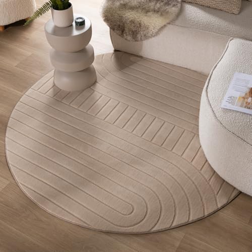 FRAAI | Home & Living Runder Teppich Wohnzimmer - Charm Arches Beige - Polyester - Kurzflor - Einfarbig, Gewellt - Waschbar in Waschmaschine - Modern - Wohnzimmer, Esszimmer, Schlafzimmer - Carpet von FRAAI | Home & Living