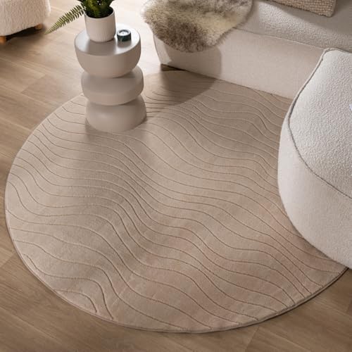FRAAI | Home & Living Runder Teppich Wohnzimmer - Charm Waves Beige - Polyester - Kurzflor - Gestreift, Einfarbig, Gewellt - Waschbar in Waschmaschine - Modern - Wohnzimmer, Esszimmer, Schlafzimmer - von FRAAI | Home & Living