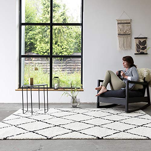 FRAAI | Home & Living Teppich Hochflor - Grand Lines Creme Schwarz 200x290cm - Symmetrische, Kariert, Gestreift, Shaggy - Industrielle, Modern, Skandinavisch - Wohnzimmer, Esszimmer, Schlafzimmer - von FRAAI | Home & Living