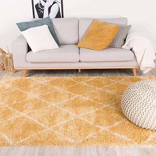 FRAAI | Home & Living Teppich Hochflor - Grand Lines Gelb Creme 120x170cm - Symmetrische, Kariert, Gestreift, Shaggy - Industrielle, Modern, Skandinavisch - Wohnzimmer, Esszimmer, Schlafzimmer - von FRAAI | Home & Living