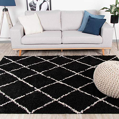 FRAAI | Home & Living Teppich Hochflor - Grand Lines Schwarz Creme 200x290cm - Symmetrische, Kariert, Gestreift, Shaggy - Industrielle, Modern, Skandinavisch - Wohnzimmer, Esszimmer, Schlafzimmer - von FRAAI | Home & Living