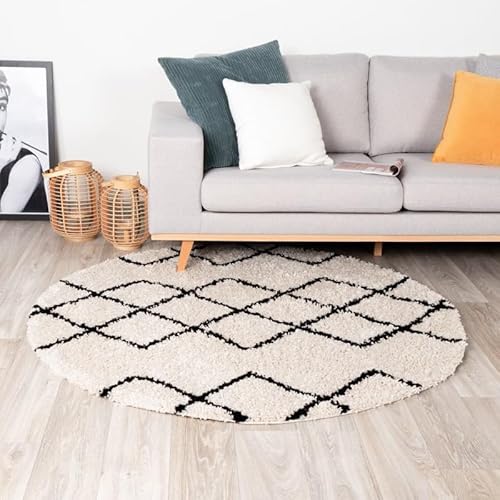 FRAAI | Home & Living Teppich Hochflor Rund - Grand Diamond Creme Schwarz - Gestreift, Shaggy - Modern, Skandinavisch - Wohnzimmer, Esszimmer, Schlafzimmer - Fellteppich - Carpet von FRAAI | Home & Living