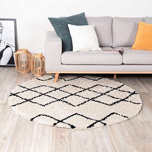 FRAAI | Home & Living Teppich Hochflor Rund - Grand Diamond Creme Schwarz Ø 200cm - Symmetrische, Gestreift, Shaggy - Industrielle, Modern, Skandinavisch - Wohnzimmer, Esszimmer, Schlafzimmer - von FRAAI | Home & Living