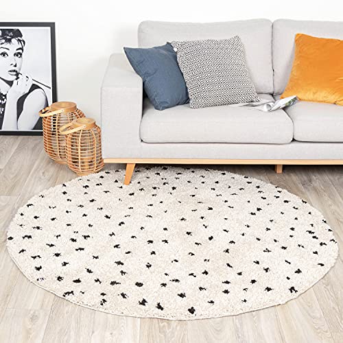 FRAAI | Home & Living Teppich Hochflor Rund - Grand Dots Creme Schwarz Ø 100cm - Symmetrische, Punkte - Industrielle, Modern, Skandinavisch - Wohnzimmer, Esszimmer, Schlafzimmer - Fellteppich - Carpet von FRAAI | Home & Living