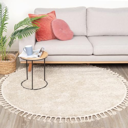 FRAAI | Home & Living Teppich Hochflor Rund - Lofty Fringe Creme Weiß Ø 100cm - Einfarbig - Ländlich, Modern, Skandinavisch - Wohnzimmer, Esszimmer, Schlafzimmer - Fellteppich - Carpet von FRAAI | Home & Living