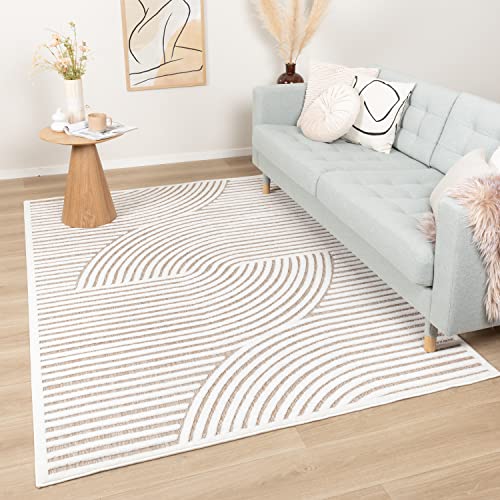 FRAAI | Home & Living Teppich Modern - Nori Curves Weiß Taupe 140x200cm - Kurzflor - Abstrakt, Gestreift, Sonstige - Boho, Industrielle, Ländlich, Modern, Skandinavisch, Retro - Wohnzimmer, Esszimmer, von FRAAI | Home & Living