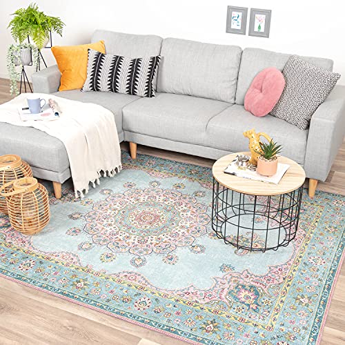 FRAAI | Home & Living Teppich Vintage - Lily Medaillon Hellblau Türkis 200x290cm - Baumwolle, Polyester - Flachgewebe - Vintage - Klassik - Wohnzimmer, Esszimmer, Schlafzimmer - Carpet von FRAAI | Home & Living