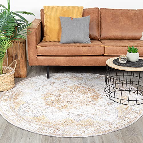 FRAAI | Home & Living Teppich Vintage Rund - Lago Gelb Ø 200cm - Baumwolle, Polyester - Flachgewebe - Vintage - Klassik, Orientalisch - Wohnzimmer, Esszimmer, Schlafzimmer - Carpet von FRAAI | Home & Living