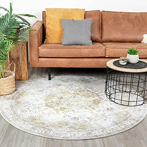 FRAAI | Home & Living Teppich Vintage Rund - Lago Grün Creme Ø 200cm - Baumwolle, Polyester - Flachgewebe - Vintage - Klassik, Orientalisch - Wohnzimmer, Esszimmer, Schlafzimmer - Carpet von FRAAI | Home & Living