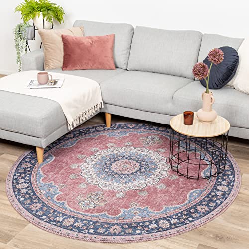 FRAAI | Home & Living Teppich Vintage Rund - Lily Medaillon Rot Rosa Ø 240cm - Baumwolle, Polyester - Flachgewebe - Vintage - Klassik - Wohnzimmer, Esszimmer, Schlafzimmer - Carpet von FRAAI | Home & Living