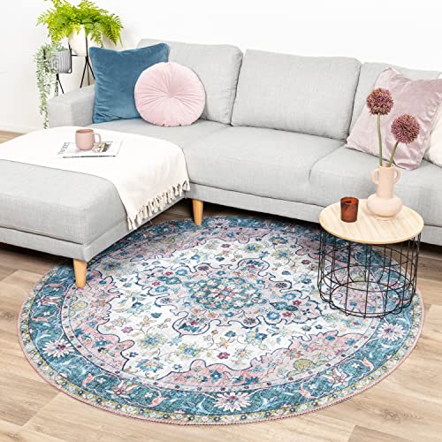 FRAAI | Home & Living Teppich Vintage Rund - Lily Oriental Blau Rosa Ø 240cm - Baumwolle, Polyester - Flachgewebe - Vintage - Klassik - Wohnzimmer, Esszimmer, Schlafzimmer - Carpet von FRAAI | Home & Living