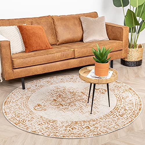 FRAAI | Home & Living Teppich Vintage Rund - Spring Ethnic Creme Terra Ø 240cm - Synthetik, Polypropylen - Kurzflor - Vintage - Boho, Klassik, Ländlich, Orientalisch - Wohnzimmer, Esszimmer, von FRAAI | Home & Living