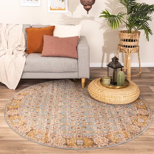 FRAAI | Home & Living Teppich Vintage Rund - Thirza Oriental Hellblau Bunt Ø 120cm - Synthetik, Polypropylen - Kurzflor - Vintage - Boho, Klassik, Ländlich, Orientalisch, Retro - Wohnzimmer, von FRAAI | Home & Living