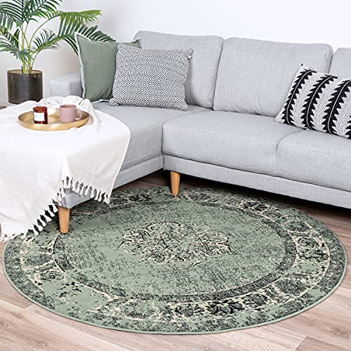 FRAAI | Home & Living Teppich Vintage Rund - Wonder Grün Schwarz Ø 180cm - Synthetik, Polypropylen - Kurzflor - Antik, Vintage - Klassik, Orientalisch - Wohnzimmer, Esszimmer, Schlafzimmer - Carpet von FRAAI | Home & Living