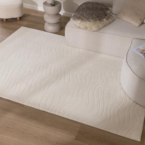FRAAI | Home & Living Teppich Wohnzimmer - Charm Waves Weiß - Polyester - Kurzflor - Gestreift, Einfarbig, Gewellt - Waschbar in Waschmaschine - Modern - Wohnzimmer, Schlafzimmer - Carpet von FRAAI | Home & Living