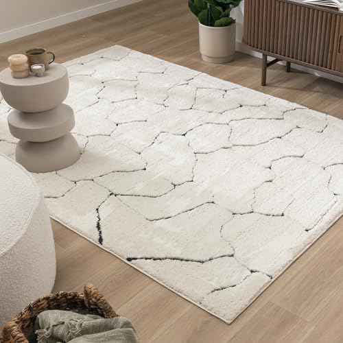 FRAAI | Home & Living Teppich Wohnzimmer - Yune Stone Creme Schwarz - Skandinavisch - Wohnzimmer, Schlafzimmer - Fellteppich - Carpet von FRAAI | Home & Living