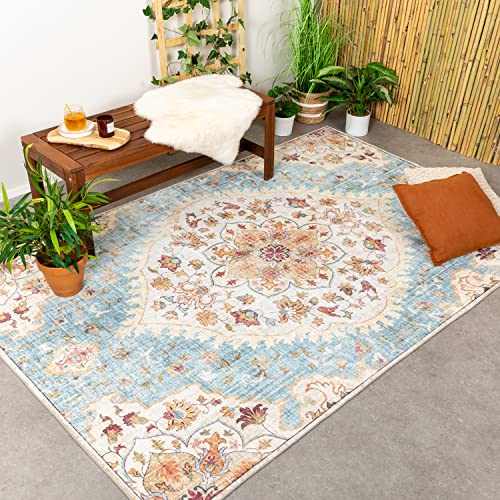 FRAAI | Home & Living Vintage Gartenteppich - Santo Mandala Hellblau 160x230cm - Wetterfest - Synthetik, Polyester - Flachgewebe - Balkon, Garten - Terrasse - Carpet von FRAAI | Home & Living